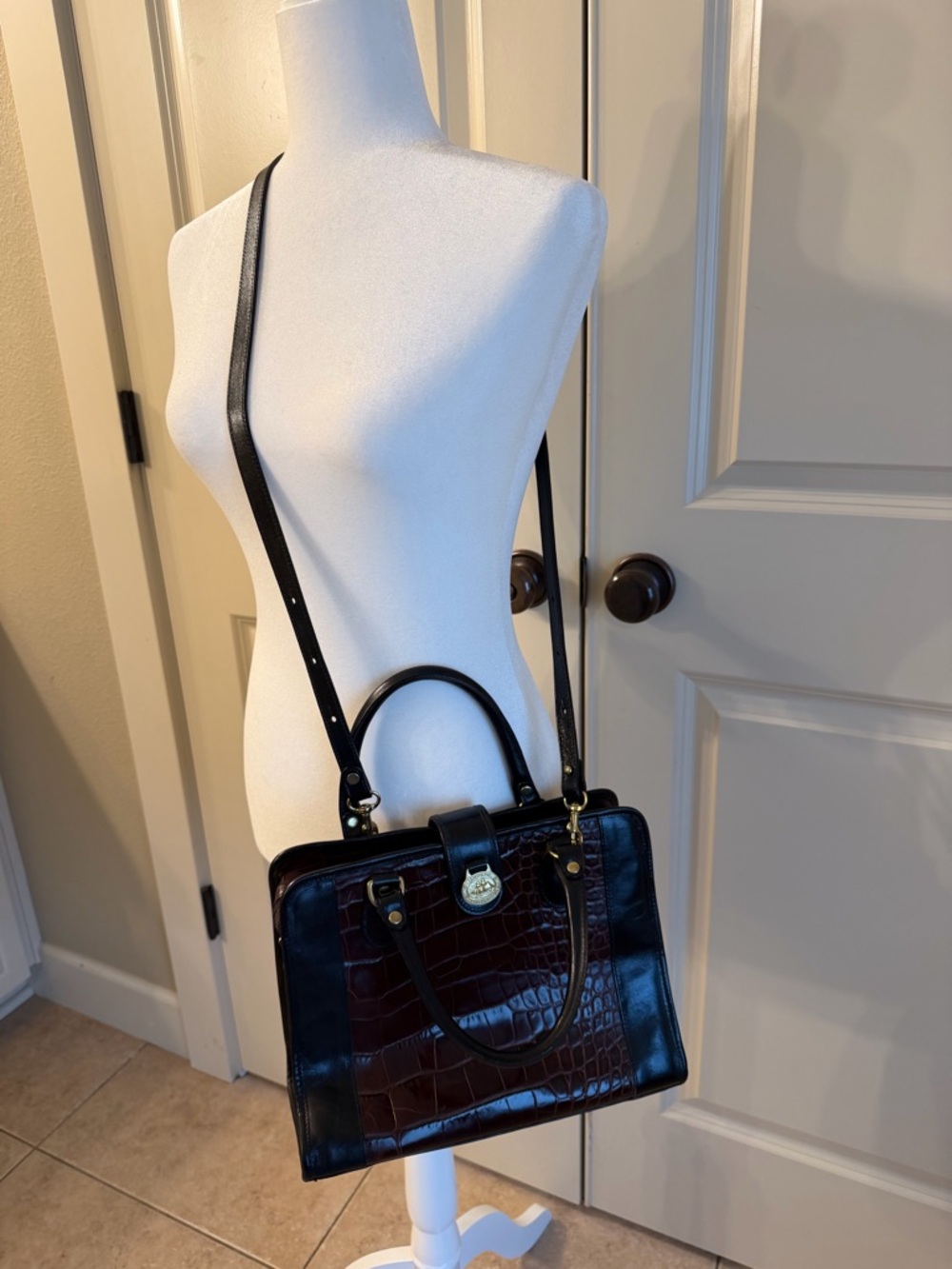 Brahmin Burgundy and Black Croc-Embossed Satchel with Shoulder Strap